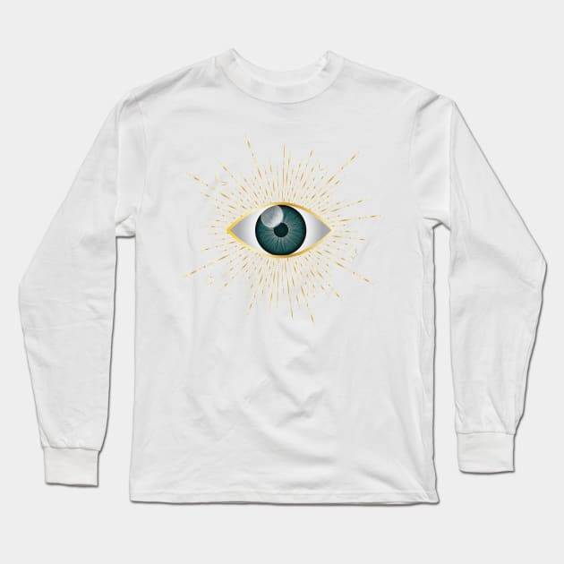 Teal Green Evil Eye Gold Eyelashes Sun Moon Star Nazar Mati Talisman Long Sleeve T-Shirt by karenmcfarland13